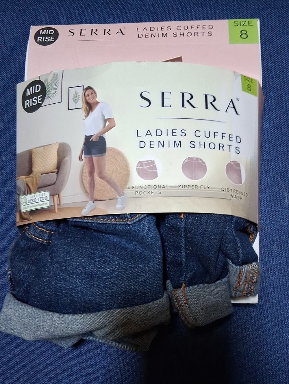 Serra Ladies Cuffed Denim Shorts - Dark Blue
